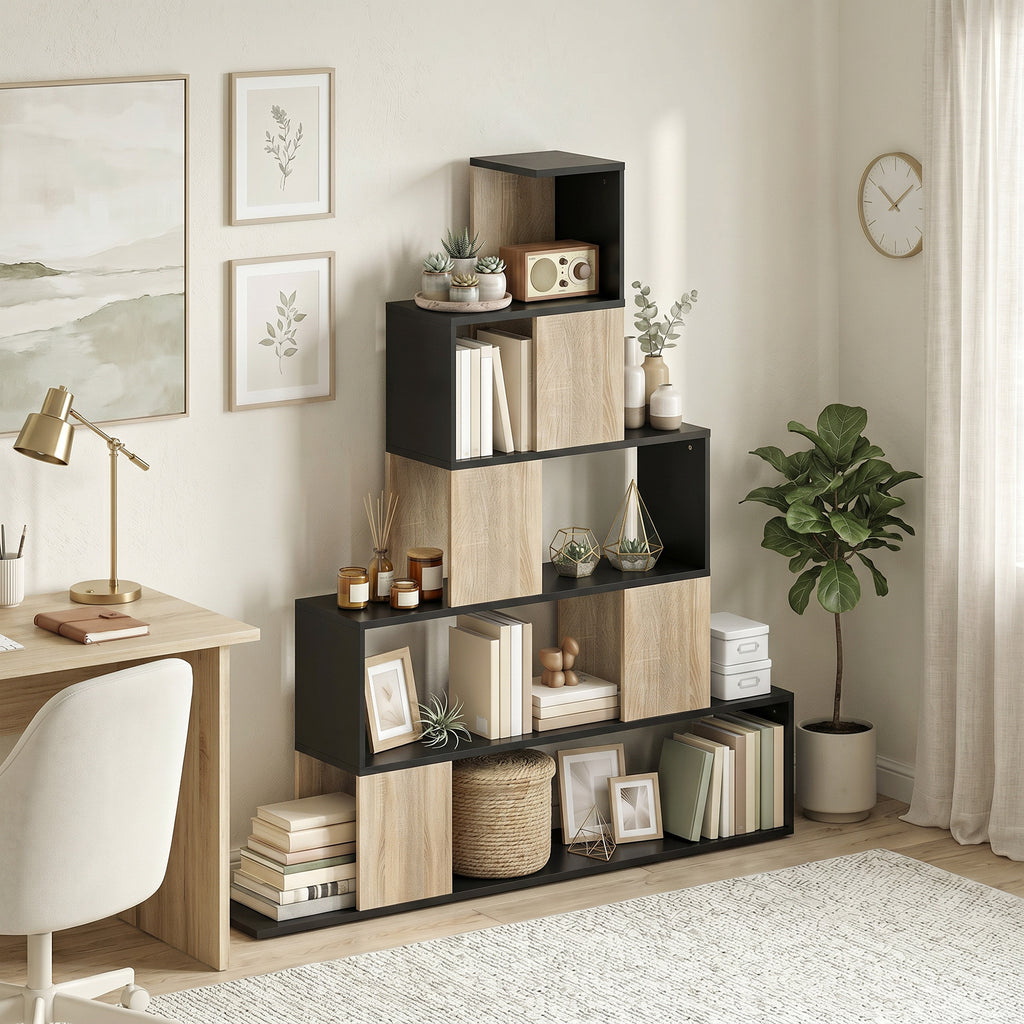 Étagère de rangement, bibliothèque géométrique à 5 niveaux, pour bureau, salon, chambre, noir et bois naturel-9