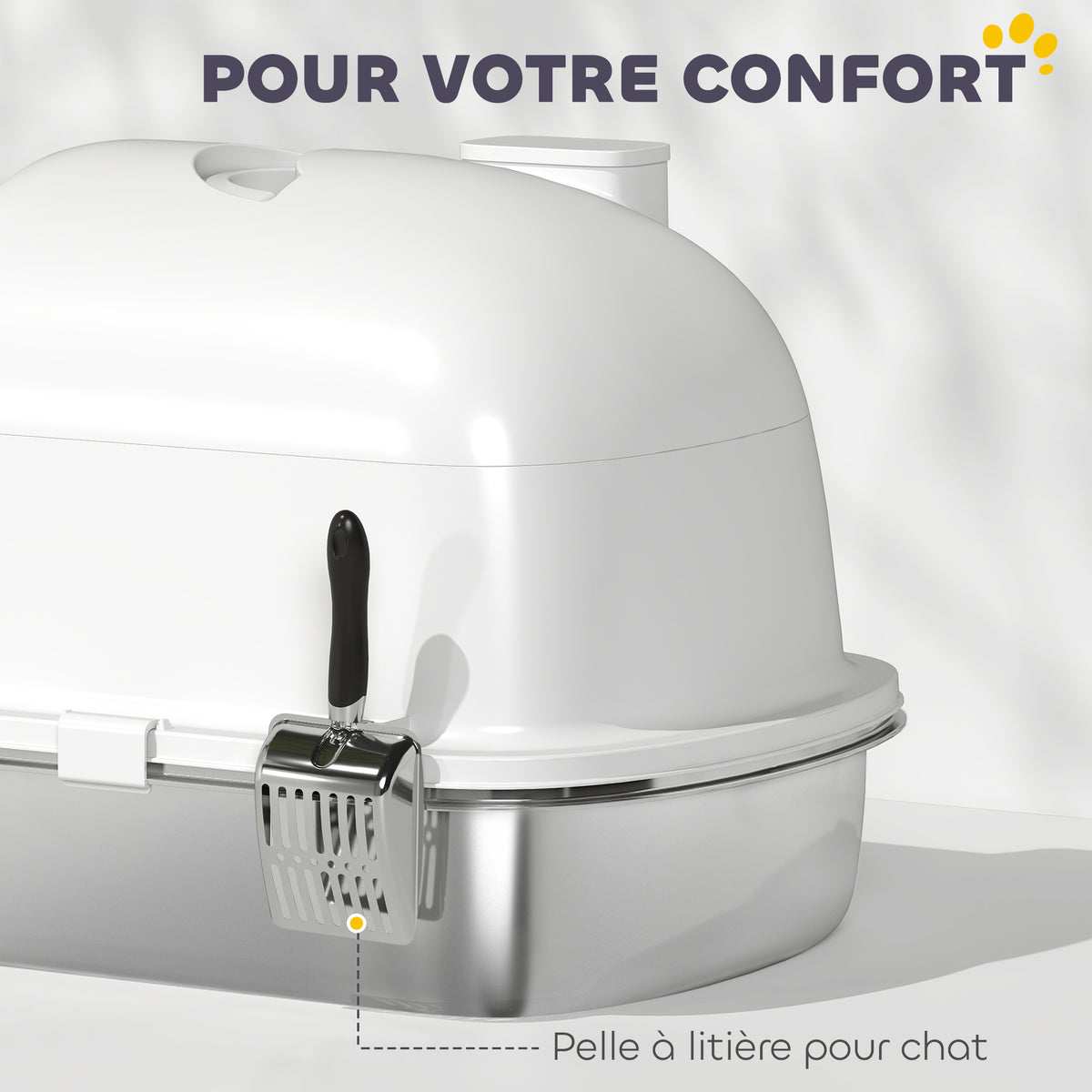 Maison de toilette pour chat bac à litière fermé bac acier inoxydable, nettoyage facile, 52,4 x 41,3 x 39,9 cm, blanc-5
