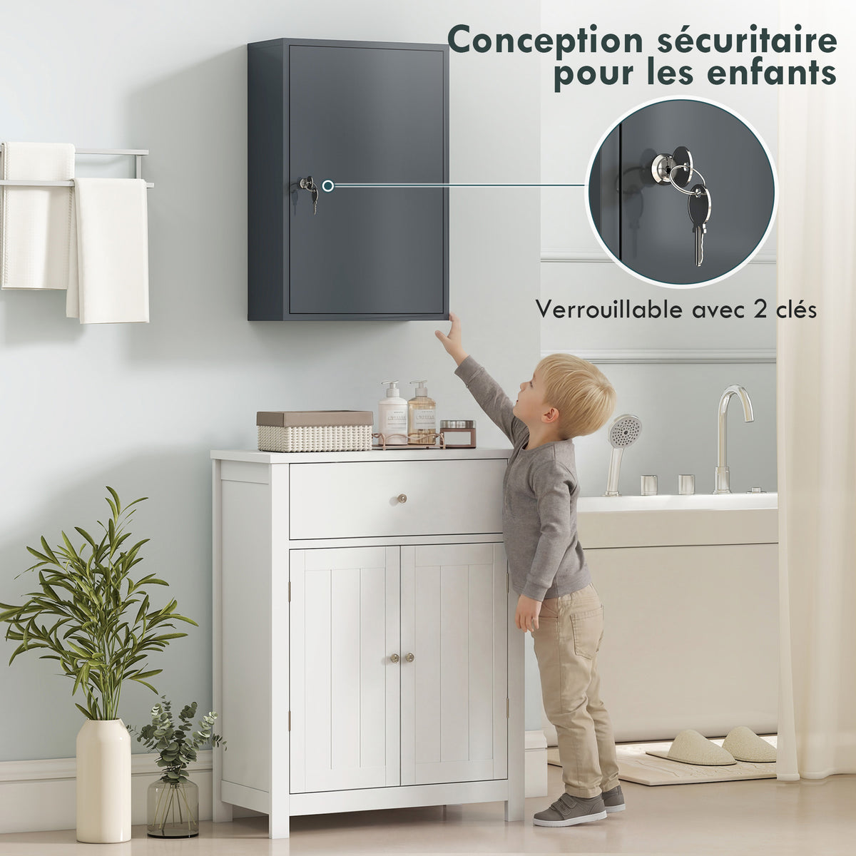 Armoire à Pharmacie 2 Étagères 3 Niveaux Verrouillable, Dim. 40L x 18l x 60H cm, 2 Clés, Métal, Gris Fumé-3
