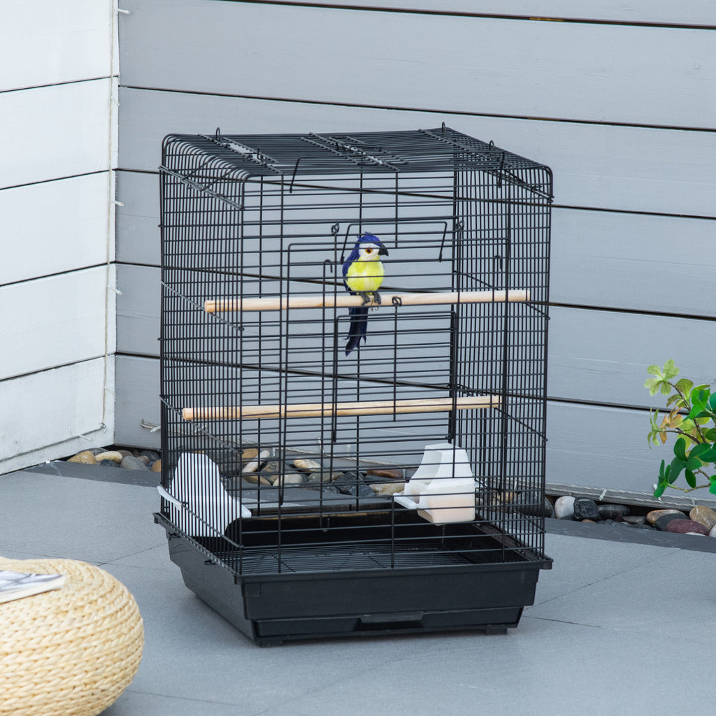 Cage à oiseaux en métal avec mangeoires perchoirs plateau amovible poignée dim. 40L x 40l x 59H cm noir-9