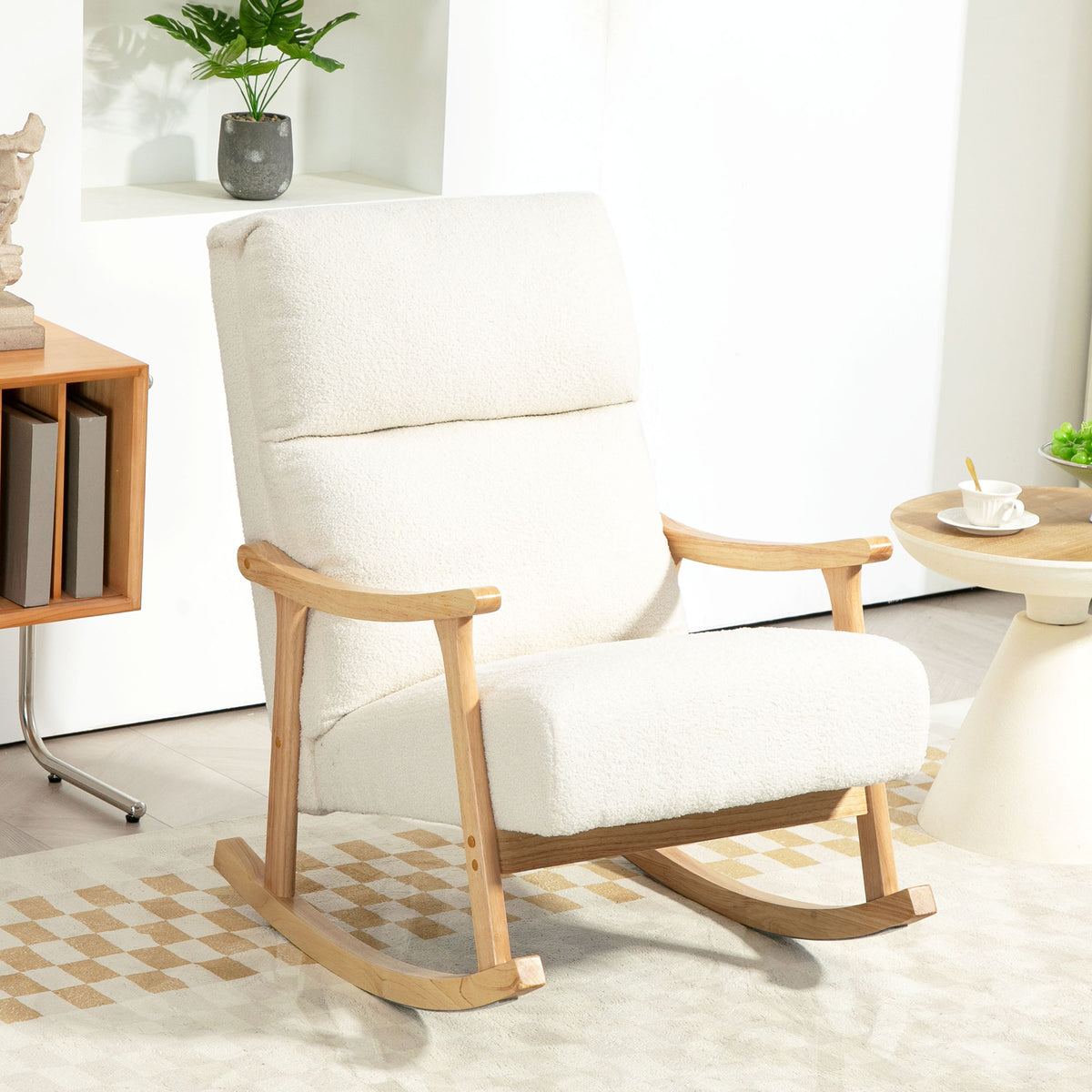 Fauteuil à bascule, rocking chair en velours teddy avec assise rembourré, dossier ergonomique, 65 x 90 x 98 cm, crème-9