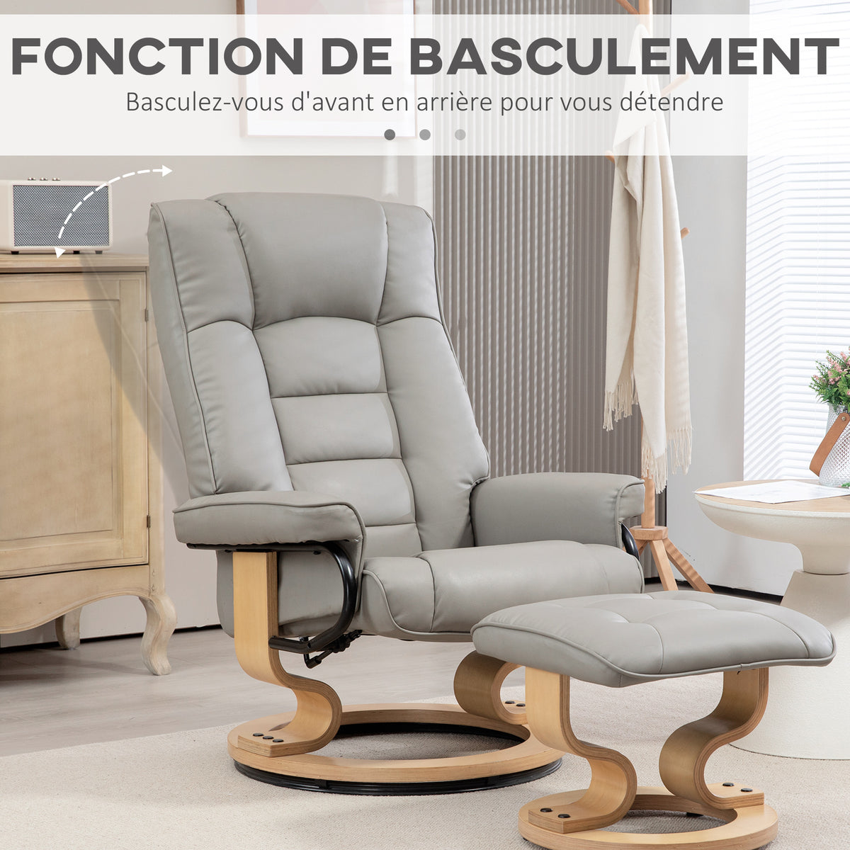 Fauteuil de relaxation inclinable avec repose-pied, pivotant, cadre en bois , revêtement synthétique gris-5
