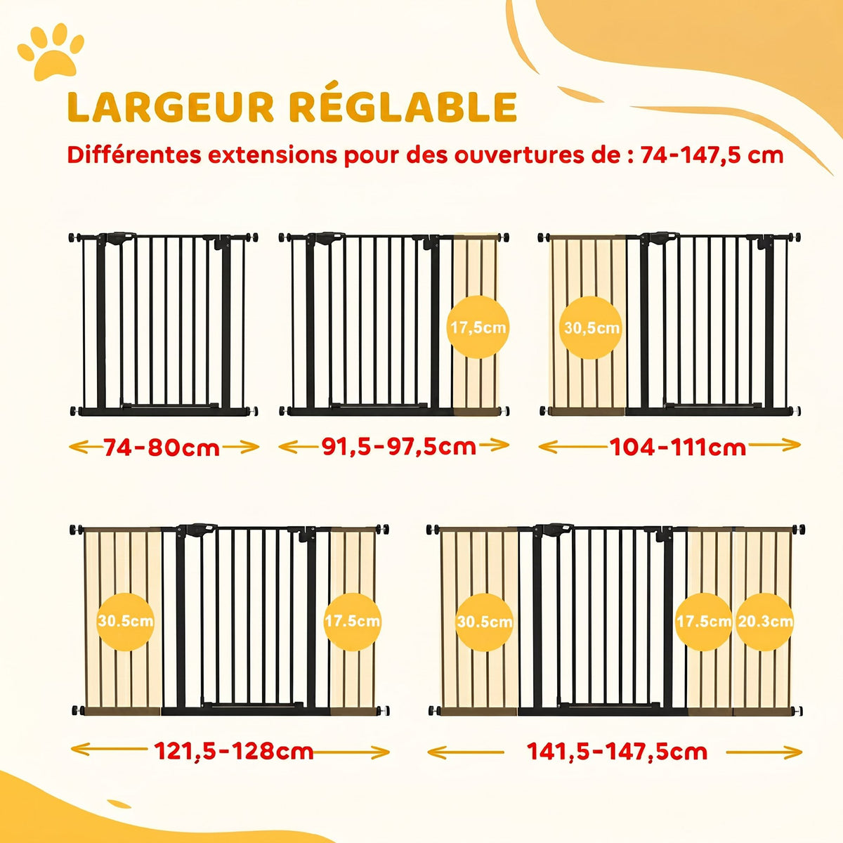 Barrière de sécurité animaux porte fermeture automatique système de double verrouillage sans perçage 3 extensions noir-3