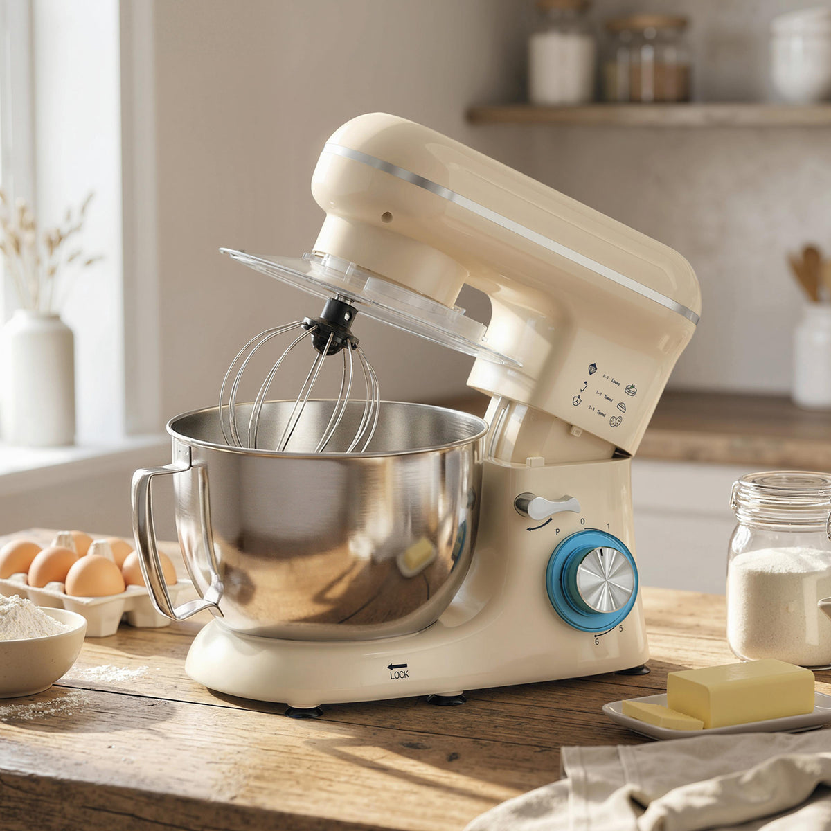 Robot pâtissier 1300 W, robot pétrin professionnel 4,5 L, bol d'acier inoxydable, 6+P vitesses et pulse, beige-1