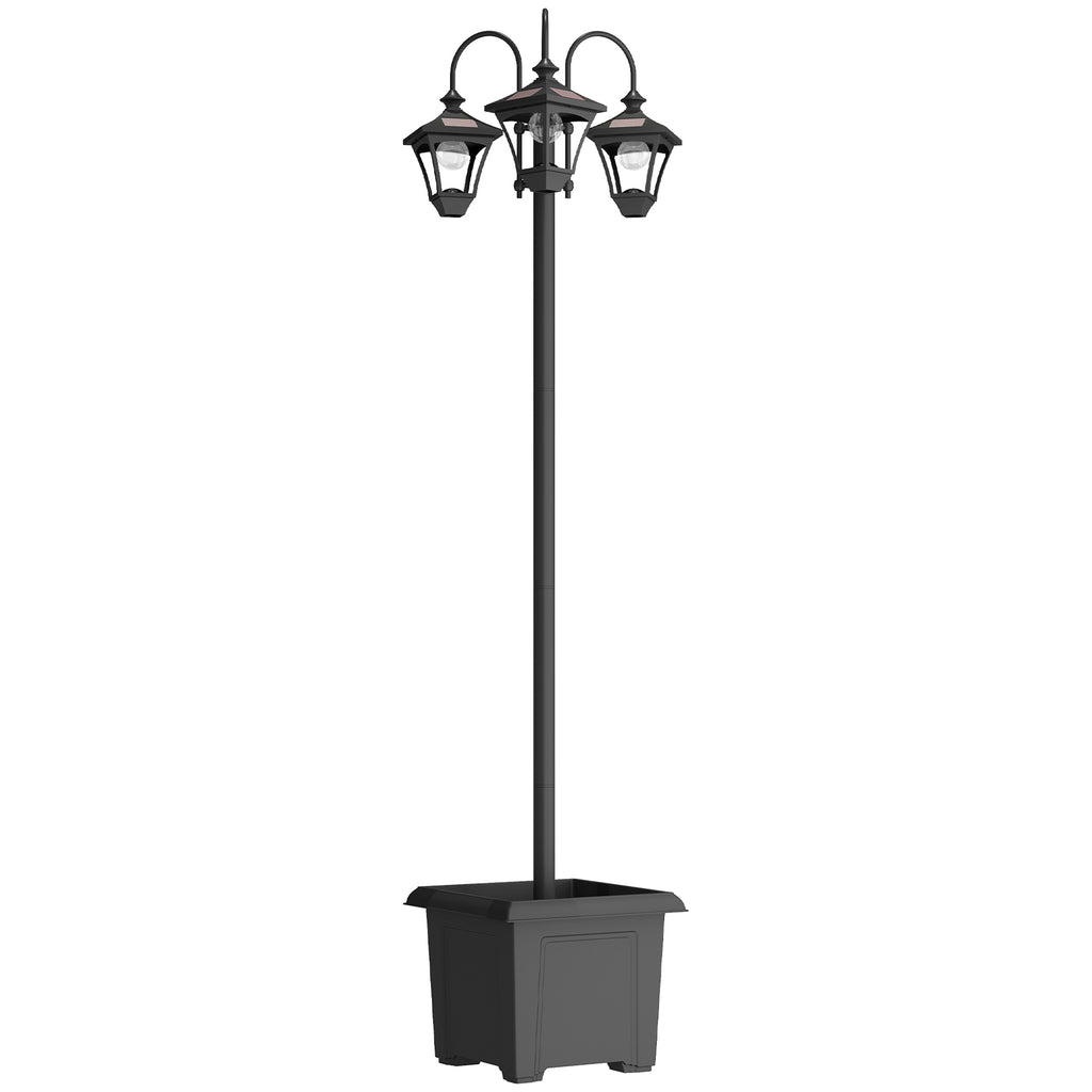 Lampadaire Extérieur sur Pied à 3 Têtes avec Bac à Fleurs, Capteur Automatique Crépuscule à L'aube, 52x52x185cm, Noir-0