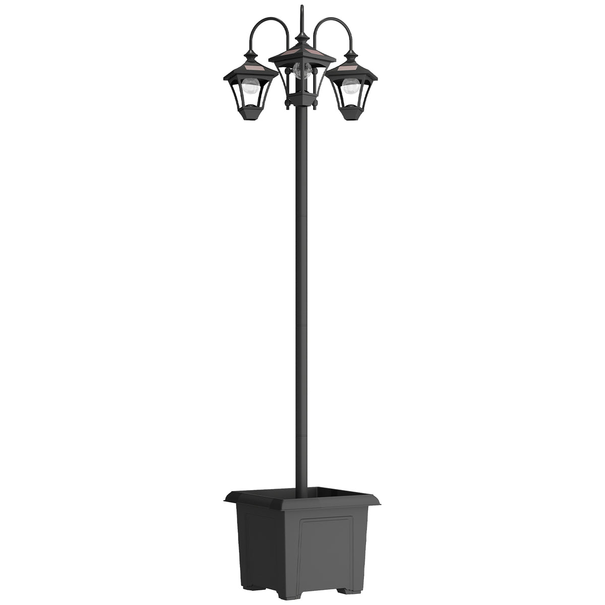Lampadaire Extérieur sur Pied à 3 Têtes avec Bac à Fleurs, Capteur Automatique Crépuscule à L'aube, 52x52x185cm, Noir-0