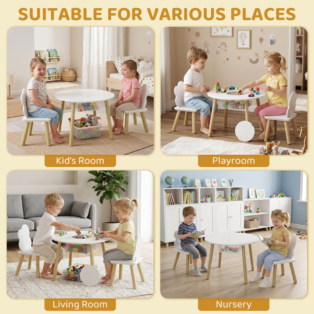 Table enfant avec chaise, ensemble table et 2 chaises en bois avec sac de rangement pour dessiner, jouer, étudier, blanc-7