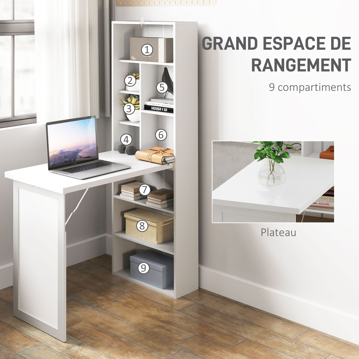 Bureau d'ordinateur pliable avec bibliothèque, poste de travail, tableau blanc et étagère réglable, 98x51x153cm, blanc-4
