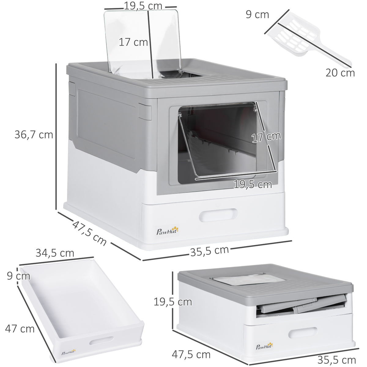 Maison de toilette pour chat pliable double porte battante et supérieure pelle fourni 47,5 x 35,5 x 36,7 cm gris-2