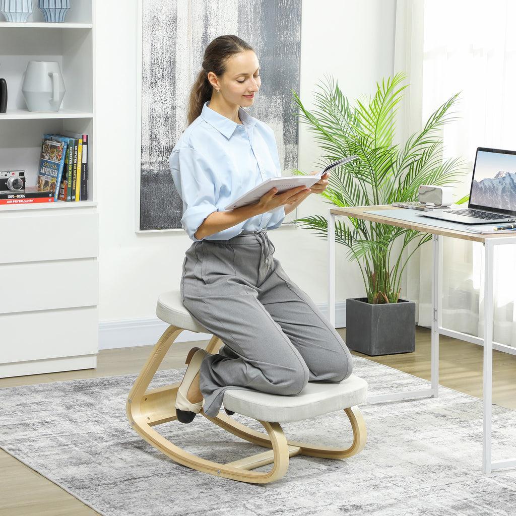 Siège assis genoux, siège ergonomique en bois à bascule, chaise à genoux pour bureau à domiciles, crème-1