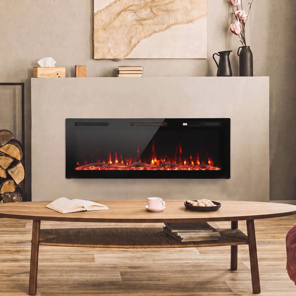 Cheminée Électrique Encastrable Murale ou à Poser 3 en 1 Cheminée Décorative Extra-Plat 900W/1800W Effet Flamme 3D Noir-9