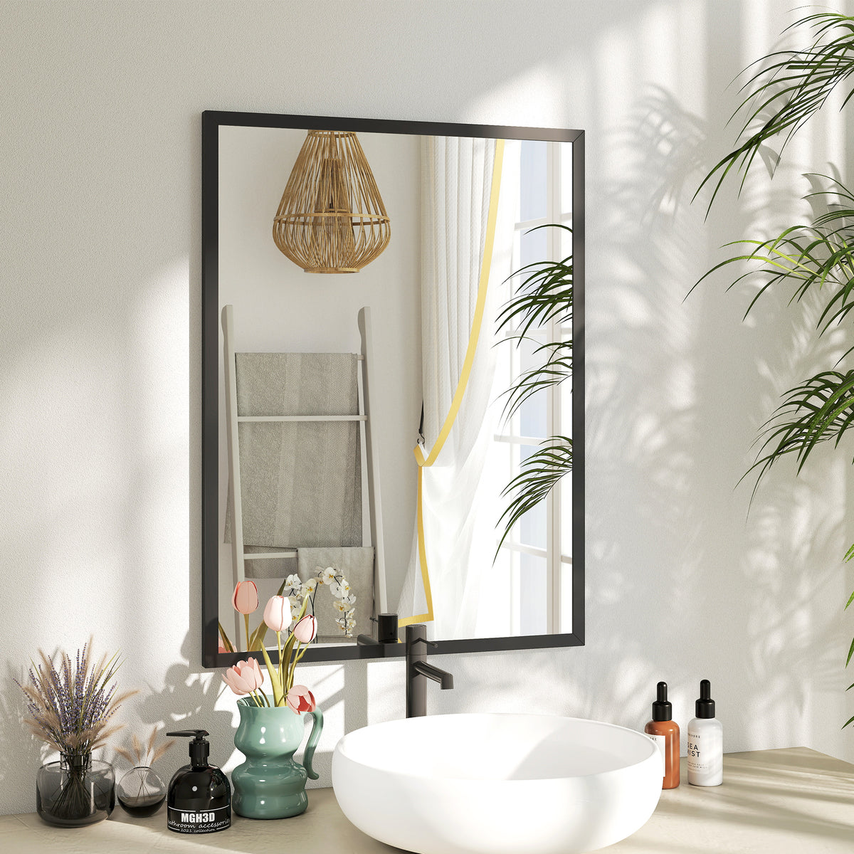 Miroir mural rectangulaire 80 x 60 cm, cadre en bois noir, idéal pour la salle de bain, salon ou chambre-1