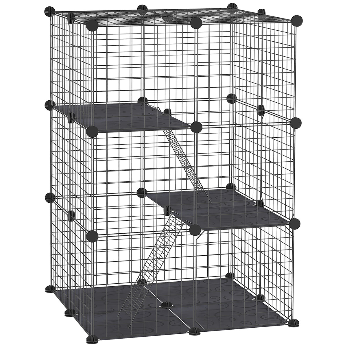 Enclos pour petits animaux, cage à lapin modulable 3 niveaux, 39 panneaux avec  rampes, en métal, 70 x 70 x 105 cm, noir-0
