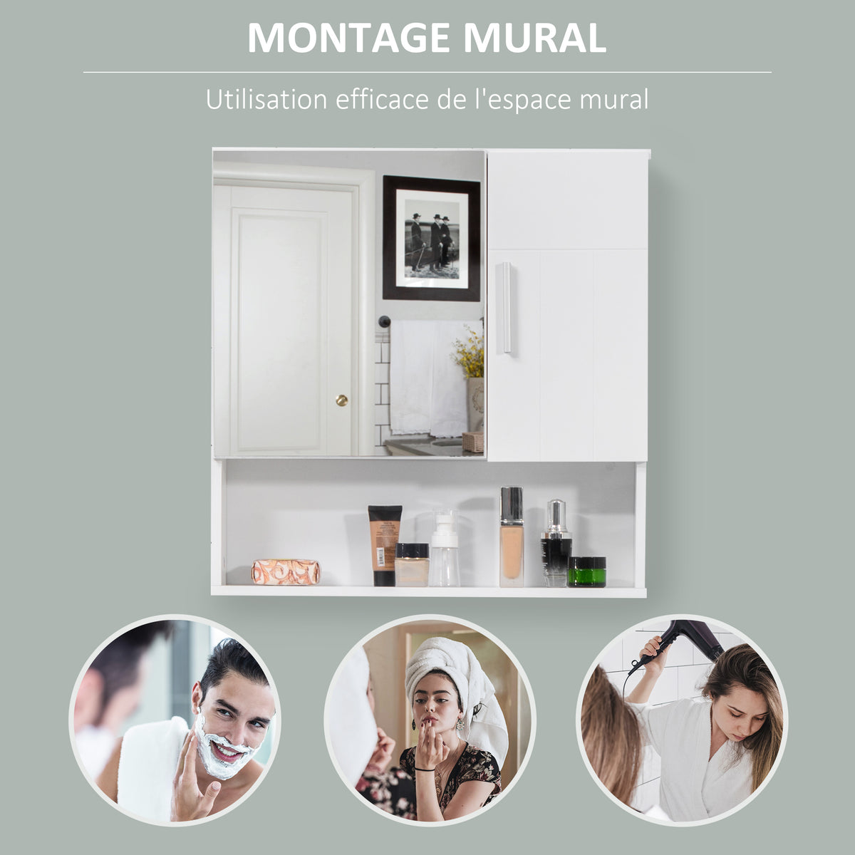 Armoire murale miroir de salle de bain avec portes et étagère réglable - dim. 54L x 15,2l x 55,3H cm blanc-3