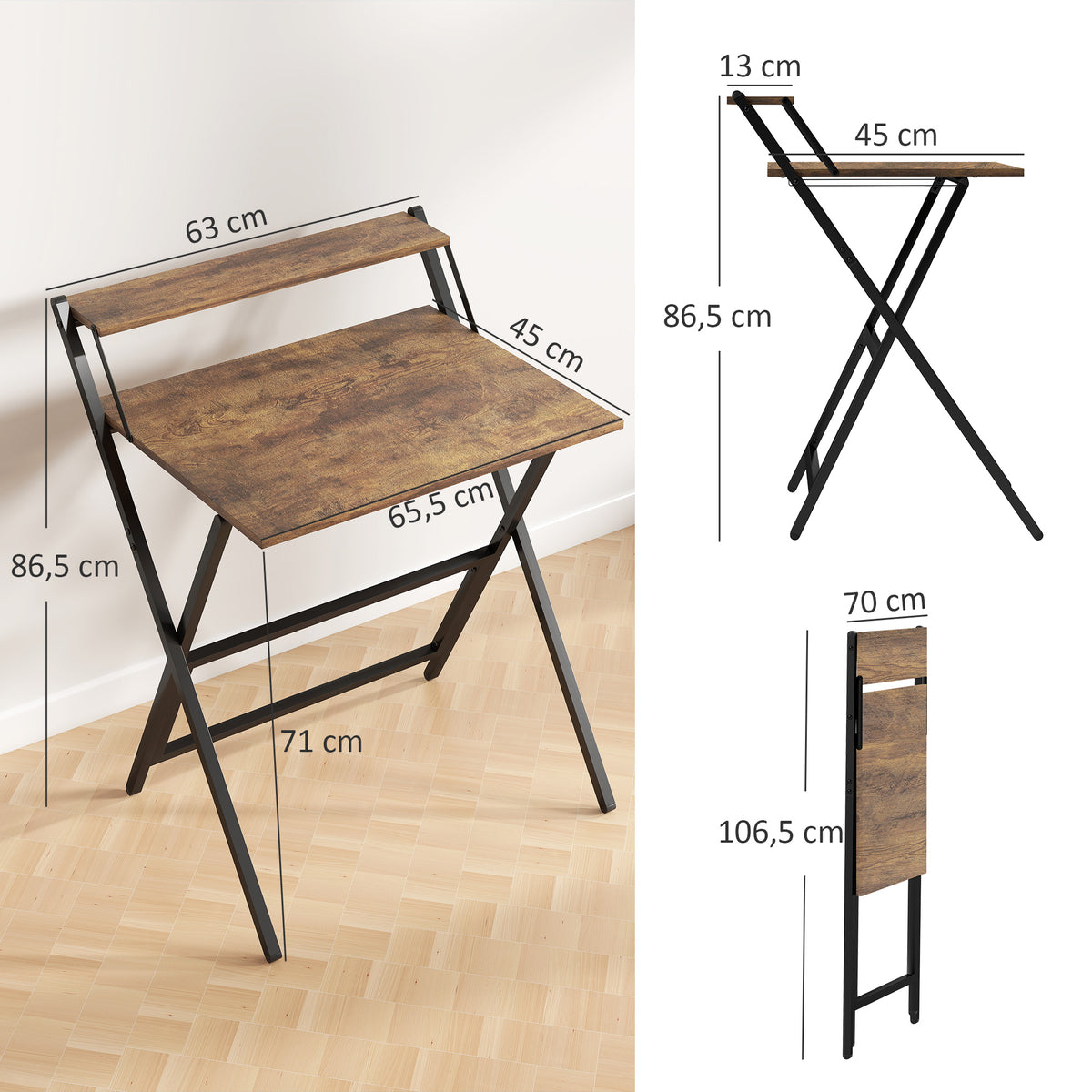 Bureau pliable 65,5 x 45 cm avec étagère de rangement pour chambre, petits espaces, brun rustique-2