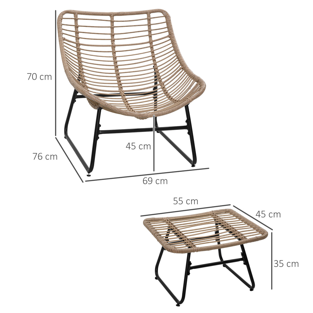 Fauteuil chaise de jardin avec repose-pieds en métal époxy et résine tressée aspect rotin avec coussins-2