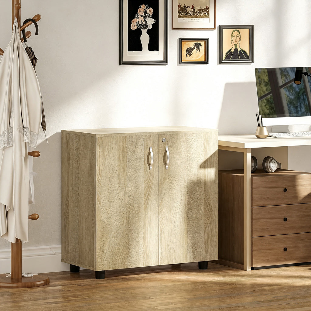 Armoire de bureau à 2 niveaux, meuble de rangement bureau avec 2 portes, serrures et clés, 80x40x80cm, chêne-1