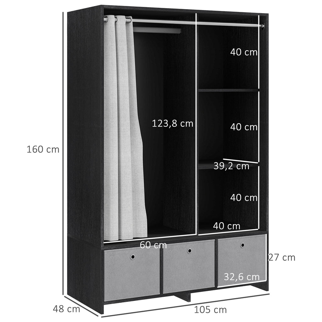 Armoire penderie armoire de rangement avec tringle rideaux 3 niches et 3 tiroirs en tissu amovibles 105 x 48 x 160 cm-2