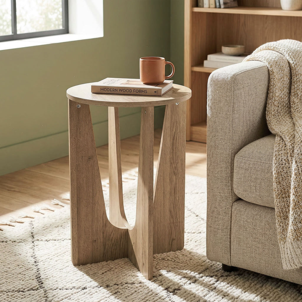 Table d'Appoint Ronde, Table de Salon avec Pieds Incurvés, Style Rustique, pour Salon, Chambre, Effet Bois Café-8