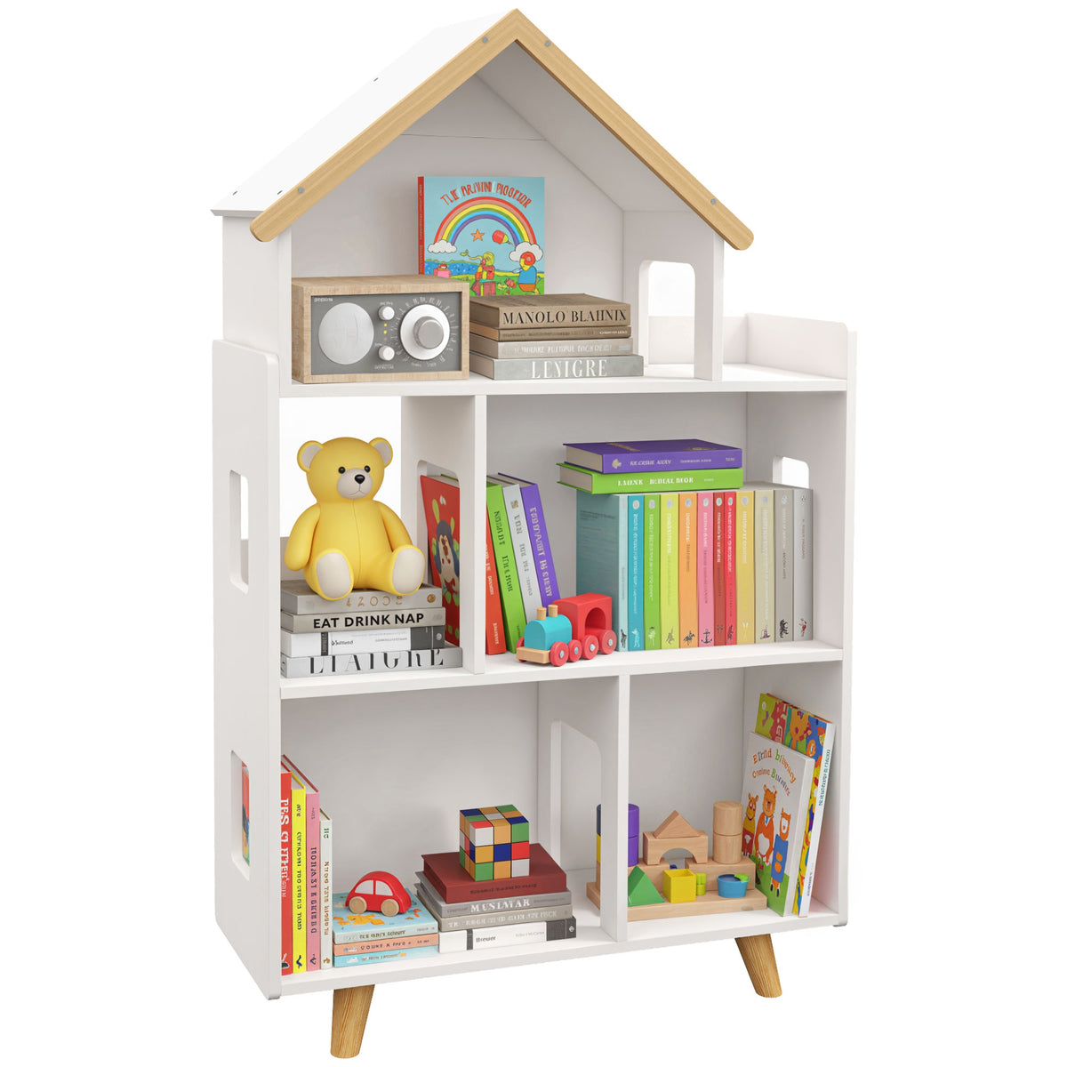 Étagère de rangement pour jouet enfant et livres forme de maison 3 niveaux  65 x 25 x 108,5 cm blanc et naturel-0