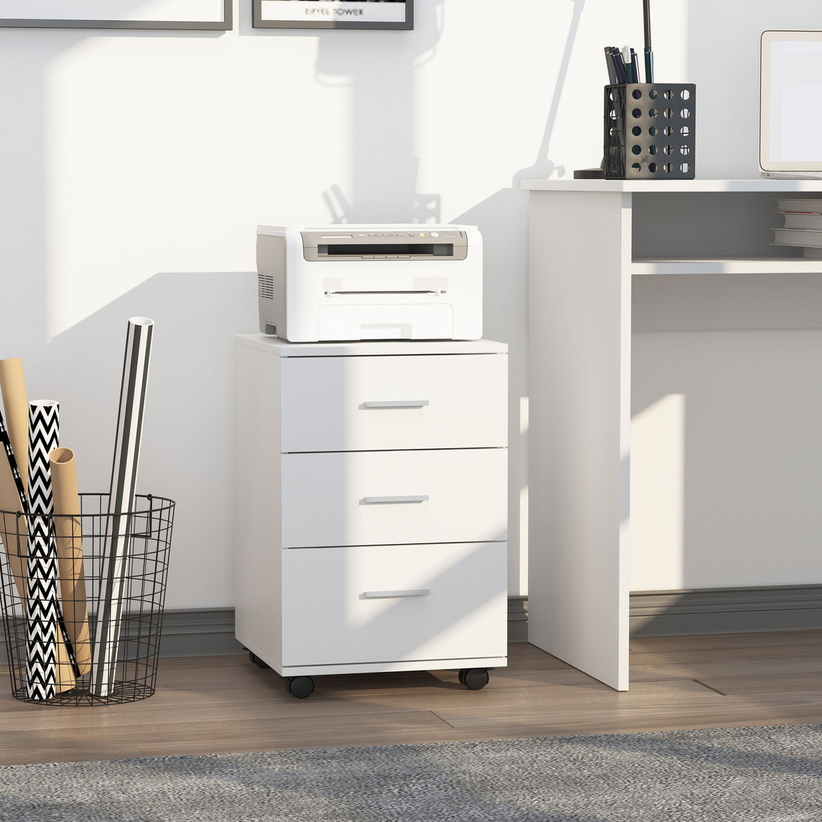 Caisson de Bureau Rangement Bureau sur Roulettes 3 Tiroirs Verrouillables 40 x 40 x 61,5 cm Blanc-1
