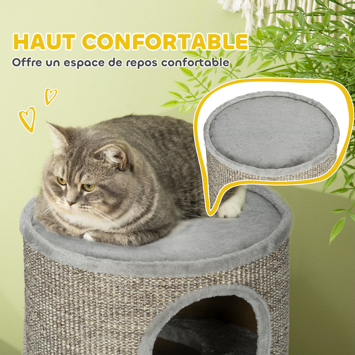 Tonneau à gratter pour chat, tour à griffer en sisal à 3 niveaux recouvert de peluche, Ø 38 x 70 cm, gris-4