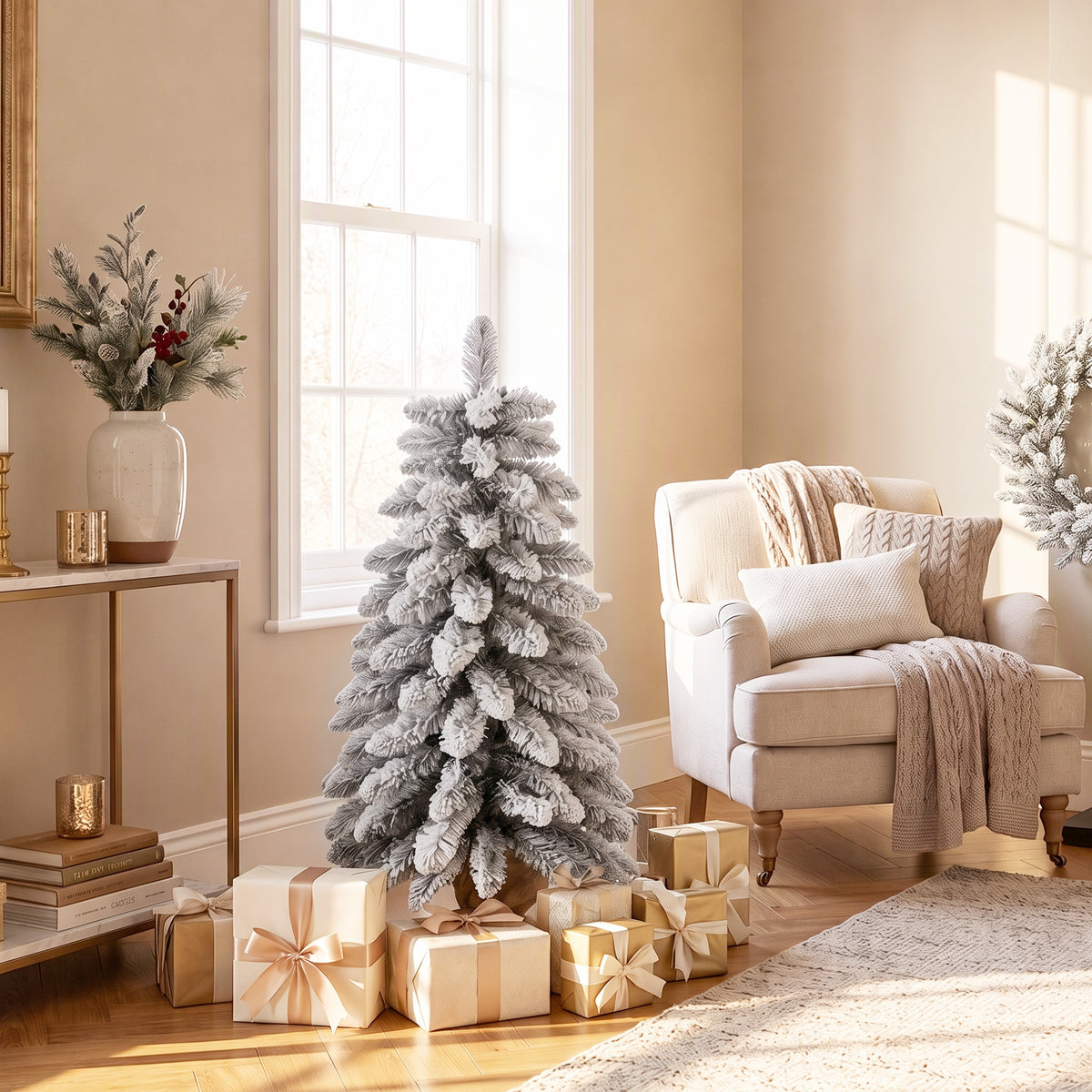 Sapin de Noël Artificiel 90 cm, 107 Embouts de Branches Enneigés en PVC, Base en Toile de Jute, Montage Rapide, Blanc-9