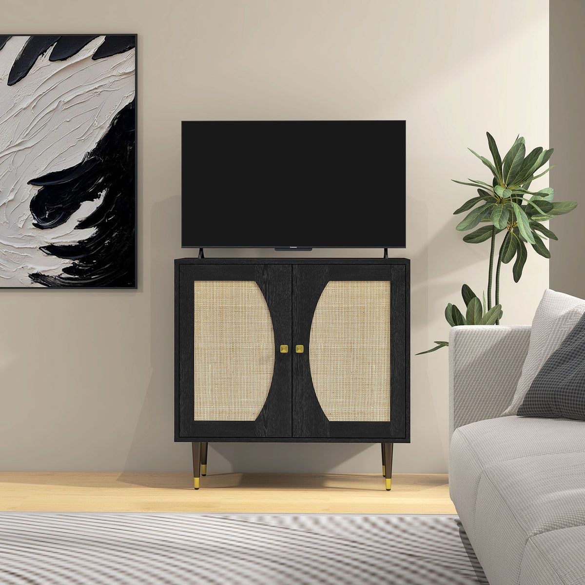 Buffet de cuisine meuble de rangement design bohème double portes avec 2 niveaux, façade en rotin 80 x 38 x 79 cm noir-7