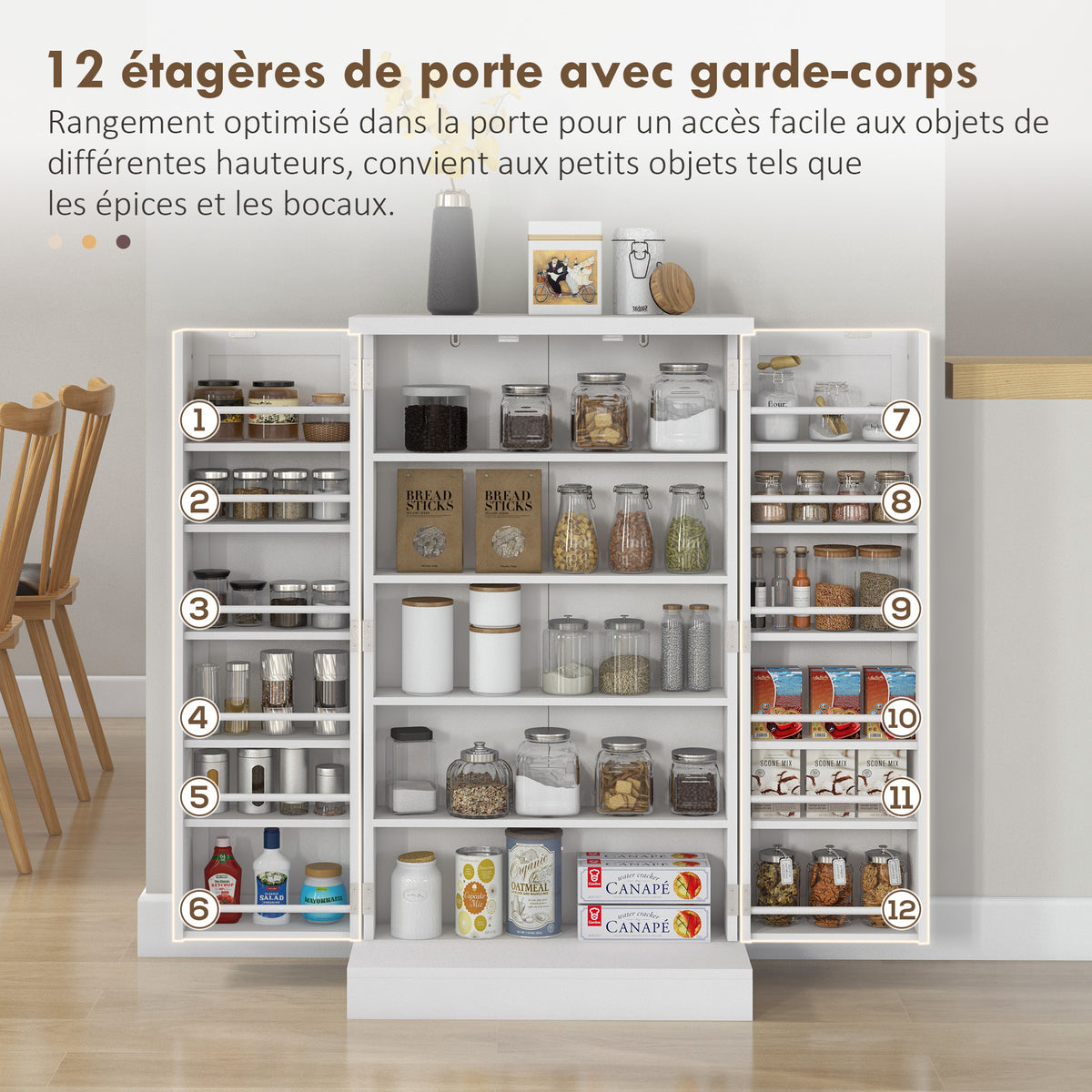 Armoire meuble de cuisine garde-manger 2 portes avec 5 étagères et 12 étagères - dim. 60L x 30l x 104H cm - blanc-4