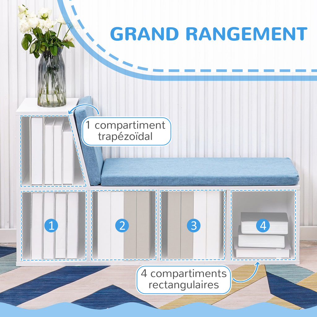 Bibliothèque banc 2 en 1 avec 5 compartiments de rangement et 2 coussins 108 x 30 x 60 cm blanc bleu-4