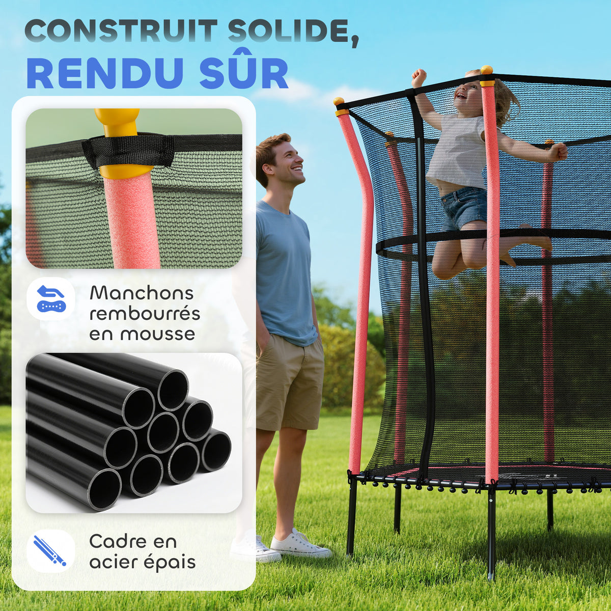 Trampoline pour enfant 1,22 x 1,11 x 1,9 m filet de sécurité porte zippée 6 poteaux rembourrés inclus rouge noir-3