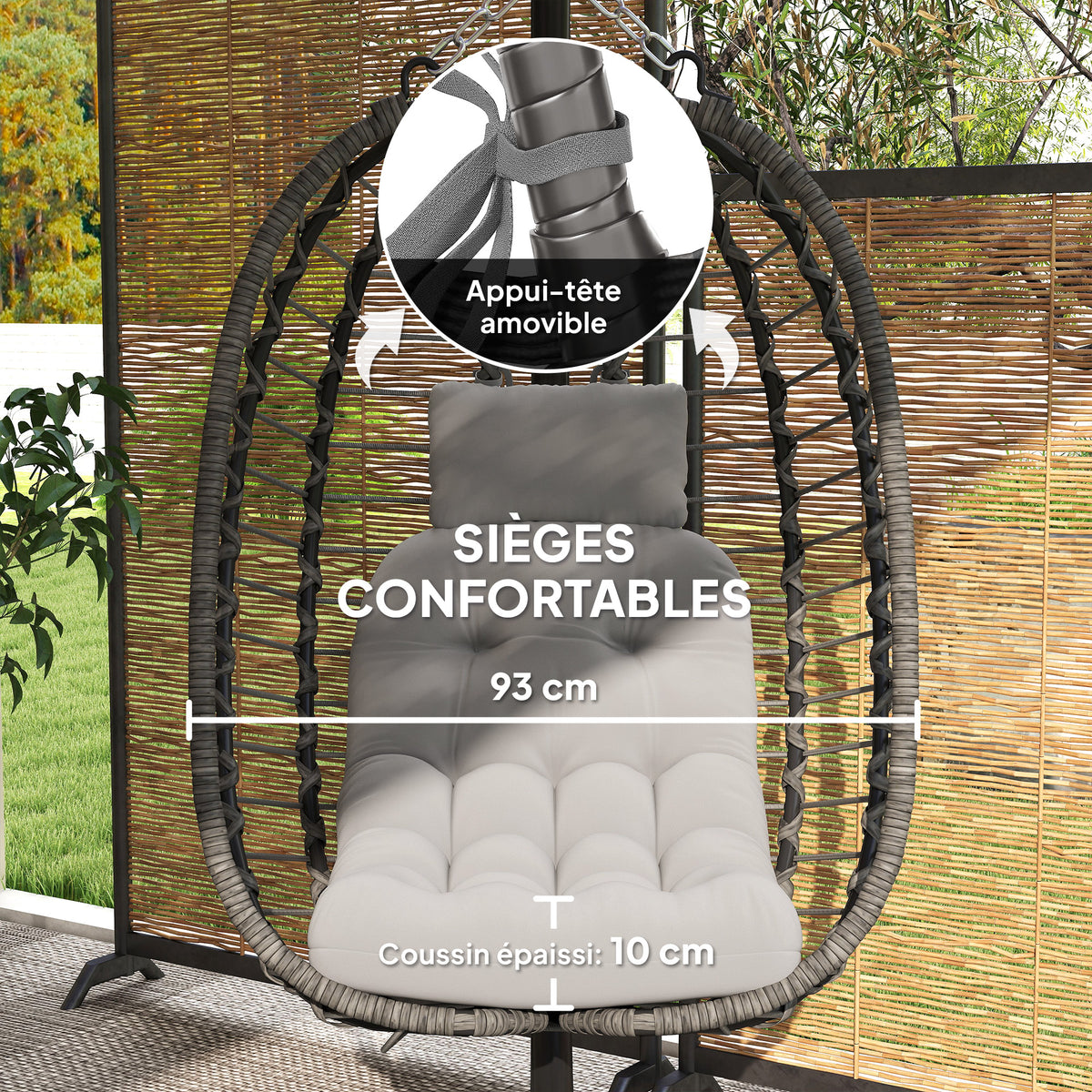 Fauteuil suspendu pliable en résine tressée avec support, coussin et oreiller hauteur réglable, gris-4