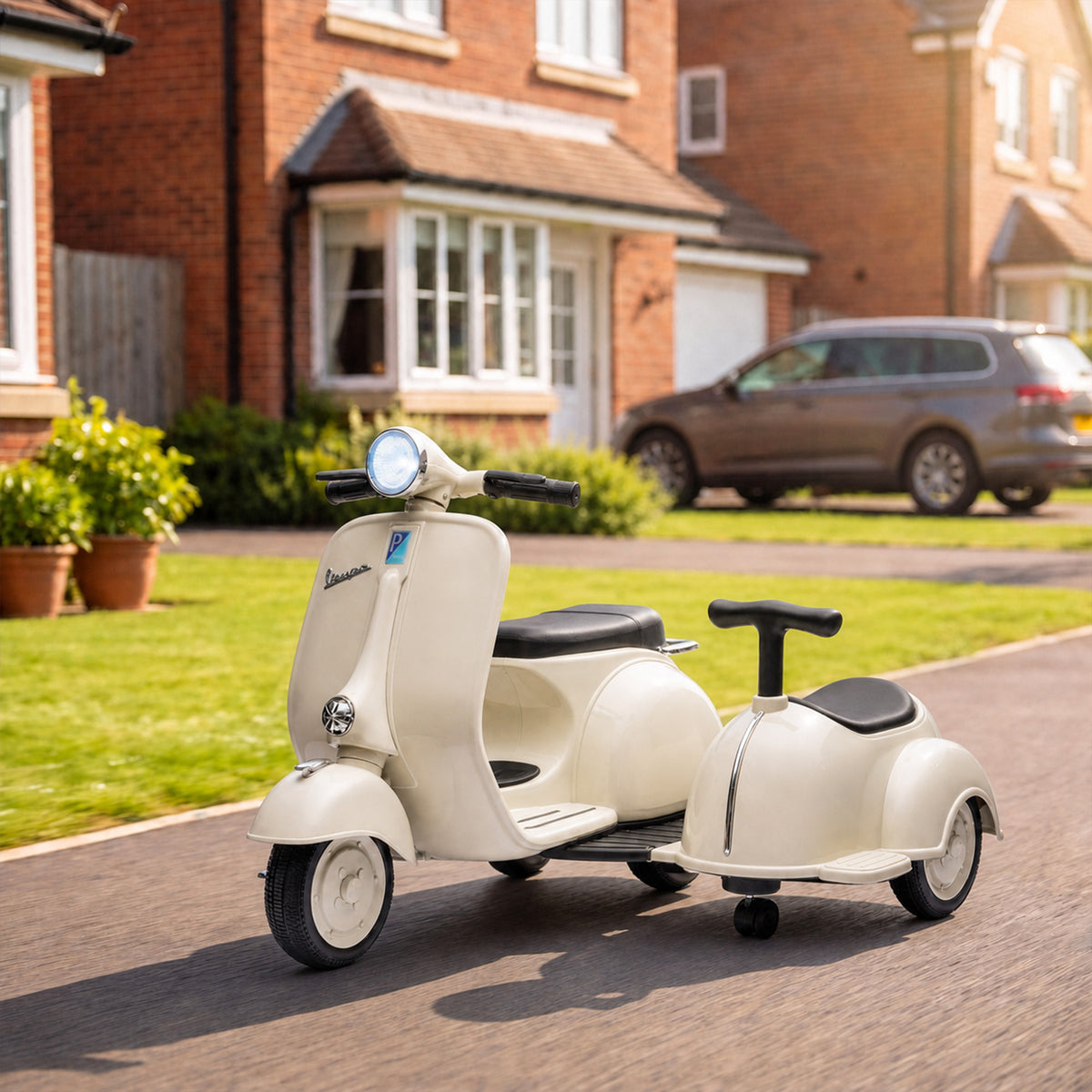 Moto Électrique Enfants sous Licence VESPA 6V 2 Places, Vitesse 3-5 Km/h, Démarrage Progressif, Crème-1