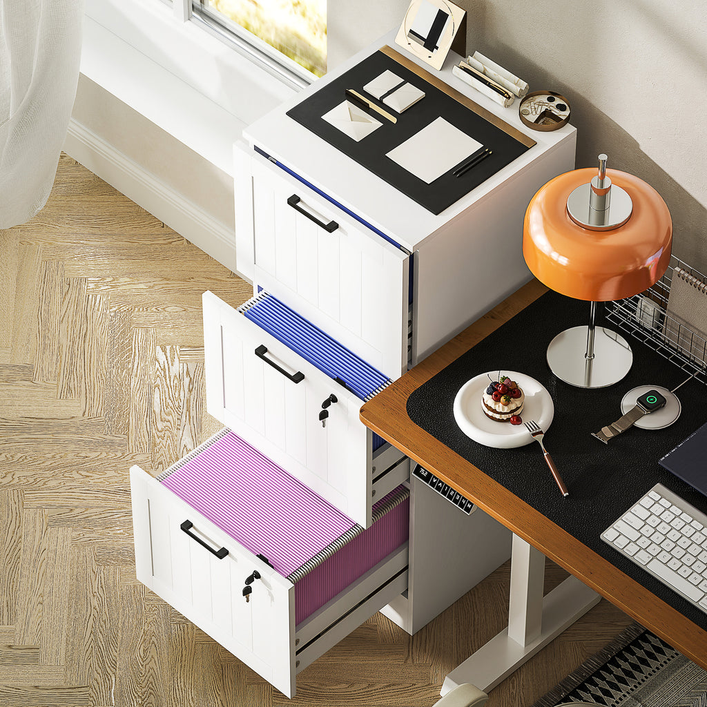 Caisson bureau, meuble rangement bois 3 tiroirs et serrure, barres de suspension réglables, 40 x 40 x 101 cm, blanc-8
