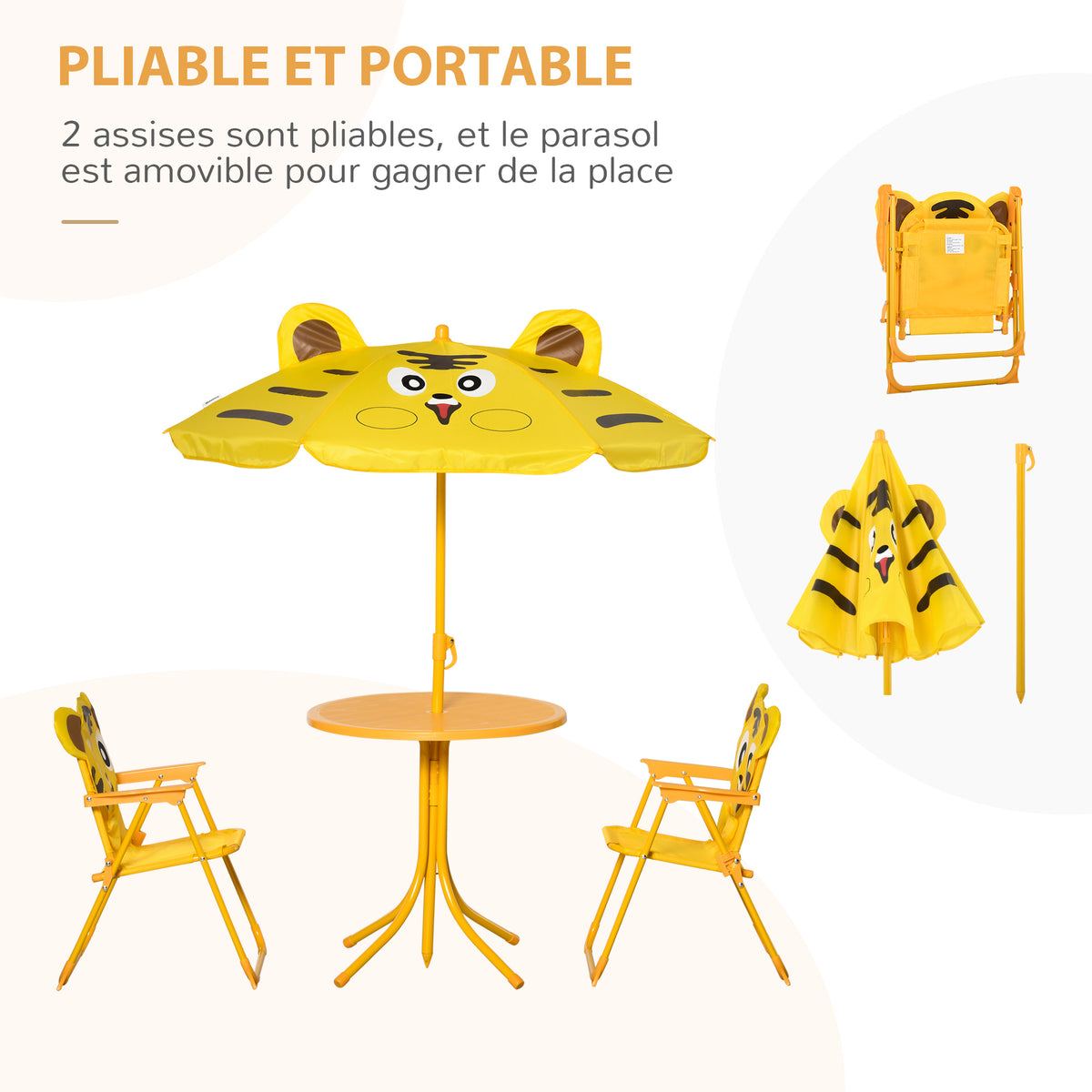 Ensemble Salon de Jardin Enfant 4 pcs Design Tigre - Table Ronde + 2 chaises Pliables + Parasol - métal époxy Oxford Jaune-3