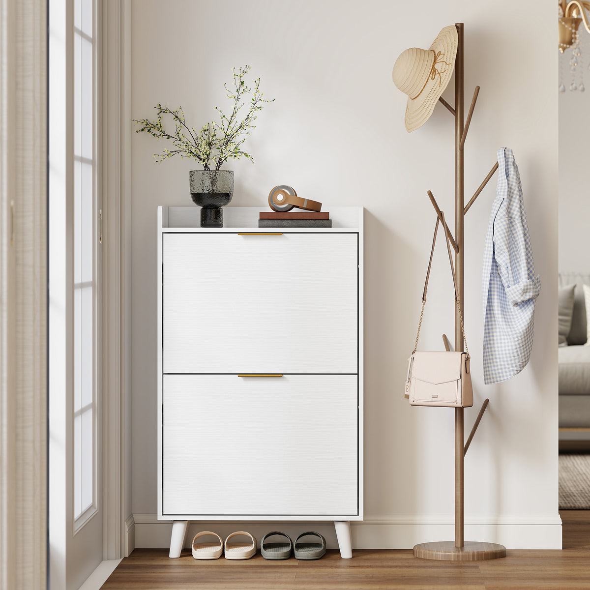 Meuble à chaussures 12 paires, armoire à chaussures étroite avec 2 tiroirs rabattables, étagères réglables, blanc-7
