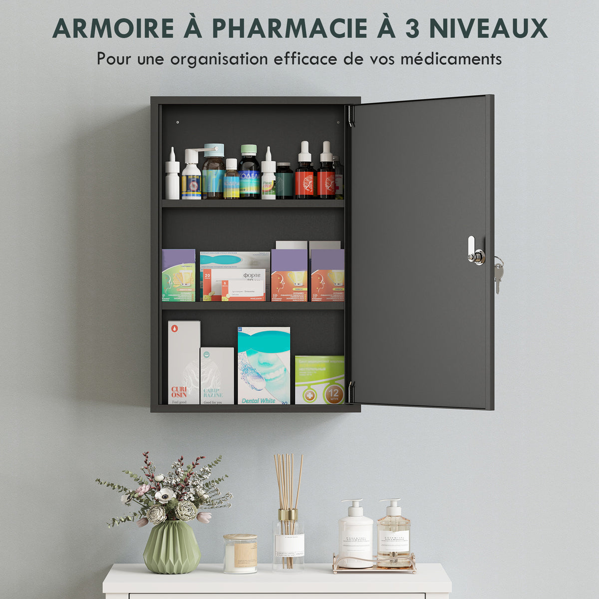 Armoire à Pharmacie 2 Étagères 3 Niveaux Verrouillable, Dim. 40L x 18l x 60H cm, 2 Clés, Métal, Noir-4