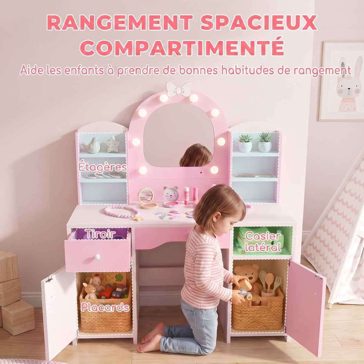 Coiffeuse pour Enfants avec Tabouret et Miroir Lumineux à 2 Couleurs en Acrylique, pour 3-8 Ans, 90 x 41 x 104 cm, Rose-4