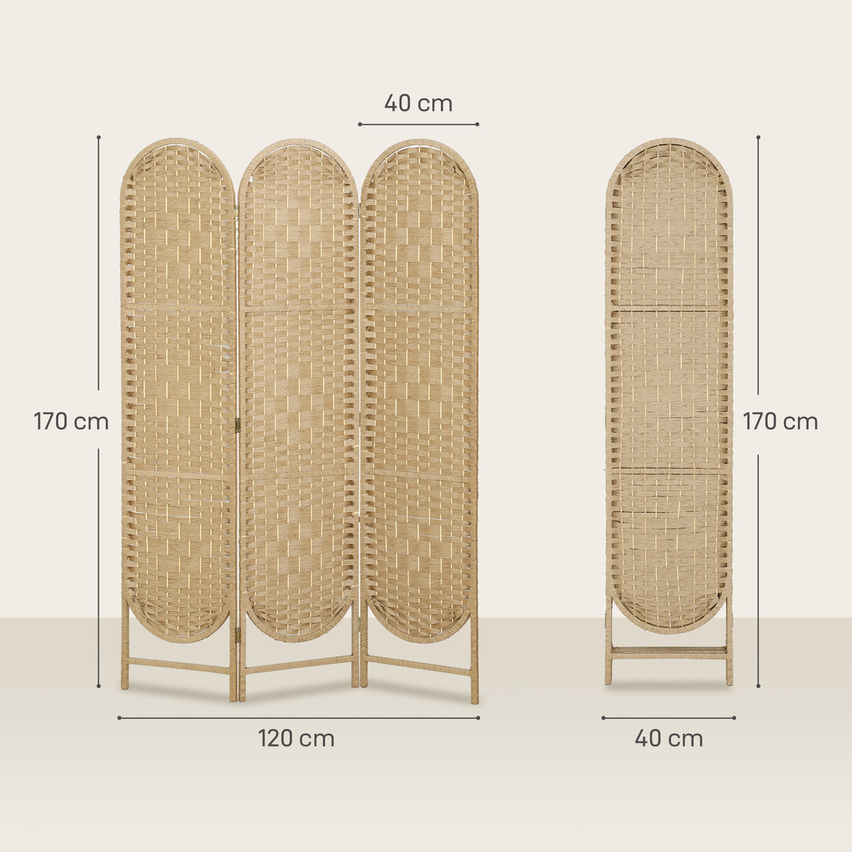 Paravent interieur ovale 3 panneaux 120 x 170 cm séparateur de pièce pliable, léger et tissé, bois naturel-2