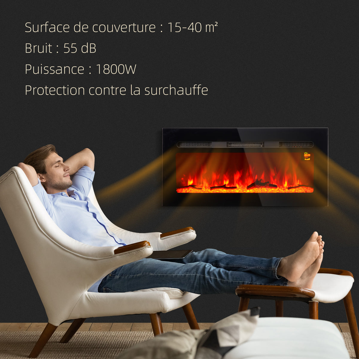 Cheminée électrique 1800 W avec effet flamme en LED 3 couleurs et 5 luminosités, montage mural/encastrable-4
