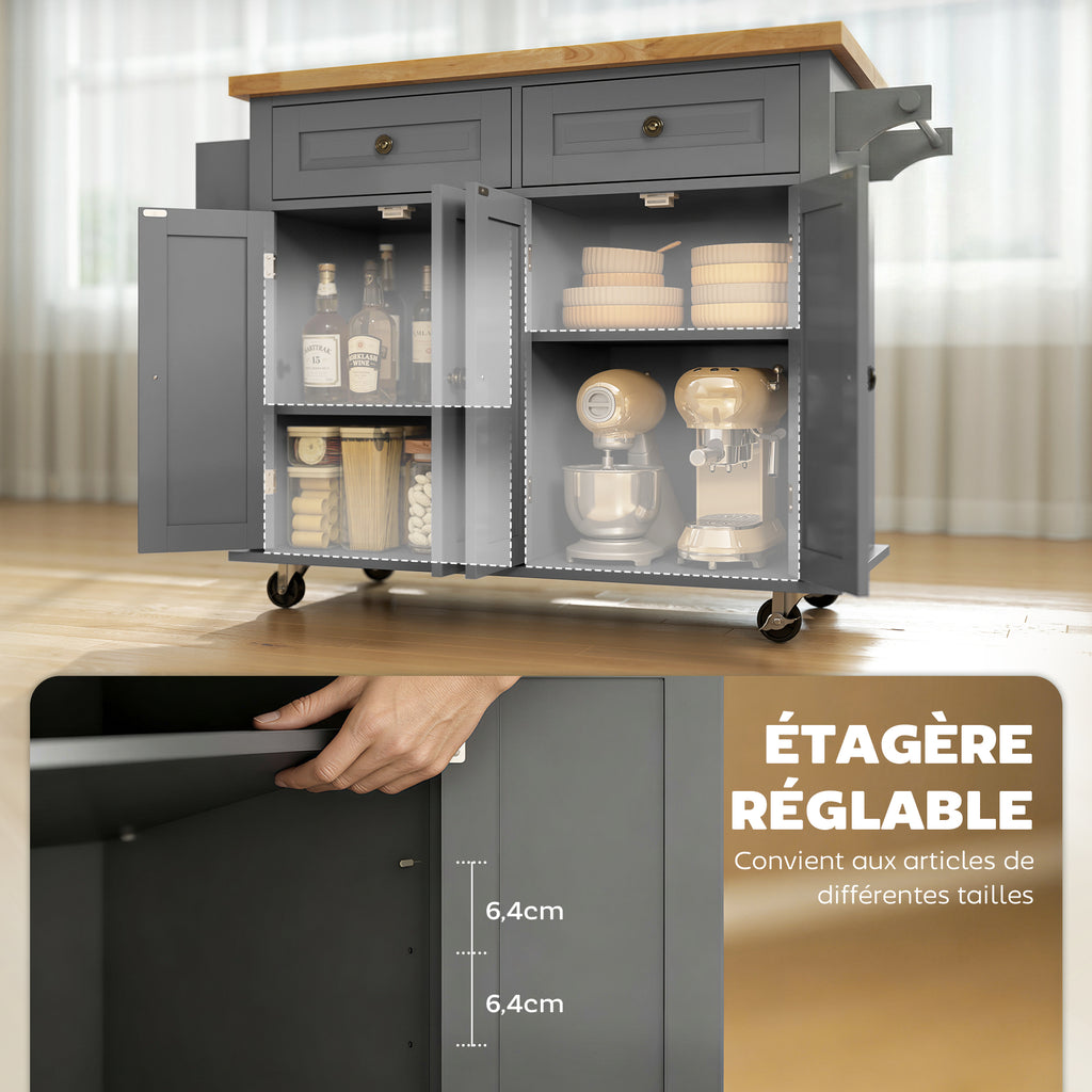 Desserte ilôt de cuisine multi rangements 2 tiroirs 2 placard 2 portes avec étagère range-bouteille-4