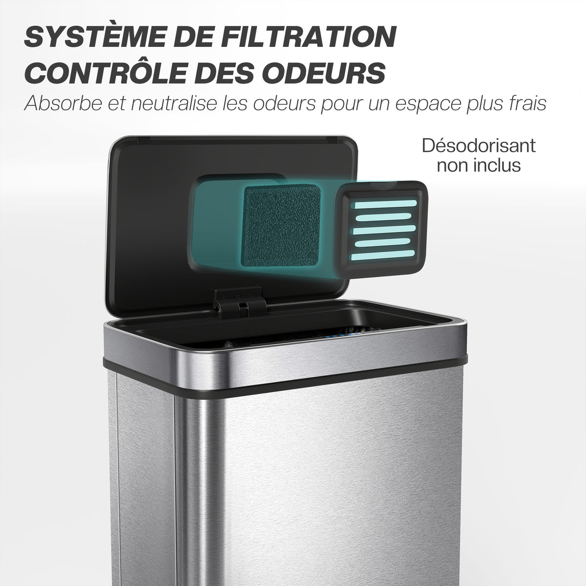 Poubelle à capteur 60 L avec couvercle à fermeture douce, poubelle de cuisine automatique en acier inoxydable, argenté-7