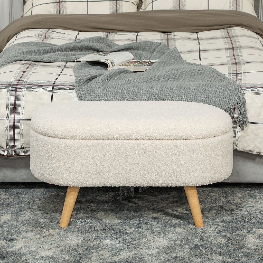 Banc de Rangement, Bout de Lit Rembourré en Peluche Teddy avec Couvercle et Pieds en Bois, 82 x 41 x 45 cm, Blanc-6