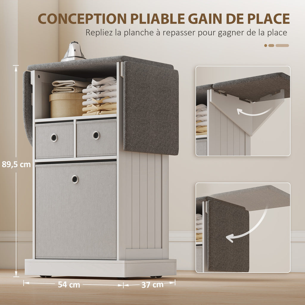 Meuble à Repasser, Table à Repasser sur Roulettes, Plateau Rabattable, Compartiment Ouvert et 3 Tiroirs en Tissu, Blanc-4