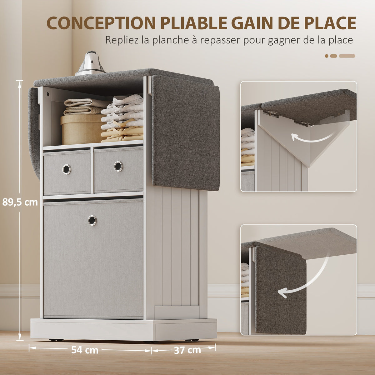 Meuble à Repasser, Table à Repasser sur Roulettes, Plateau Rabattable, Compartiment Ouvert et 3 Tiroirs en Tissu, Blanc-4