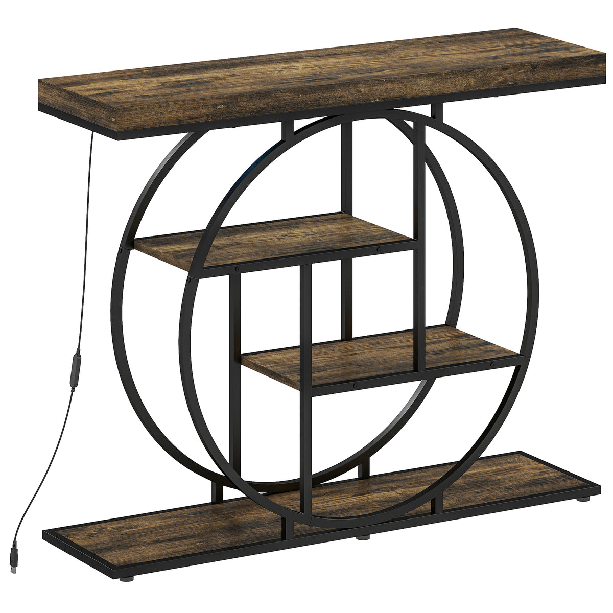 Console meuble avec éclairage LED 100 cm, table console à 4 niveaux avec étagères ouvertes, marron rustique et noir-0
