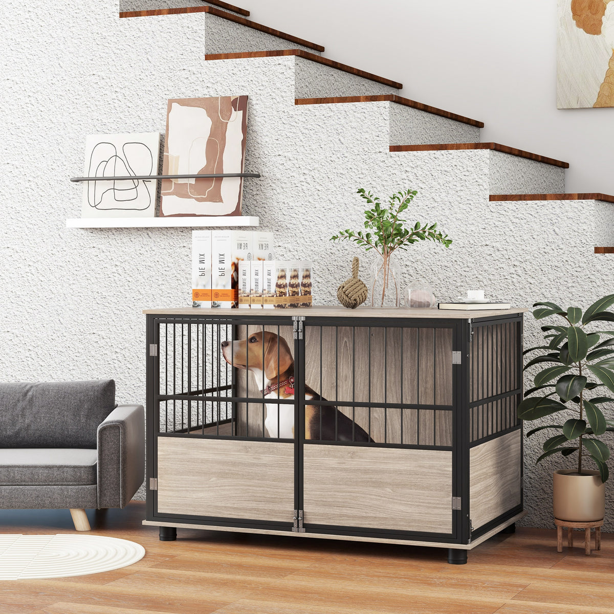 Cage pour chien intérieur, table d'appoint, 100 x 60 x 68 cm, niche, 3 portes verrouillables,  aspect bois noir-1