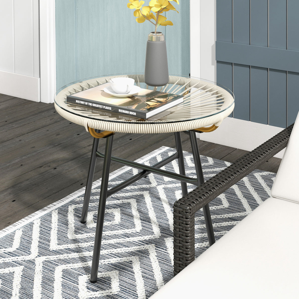 Table basse ronde de jardin en résine aspect rotin métal et plateau verre trempé Ø 50 x 50 cm crème-1
