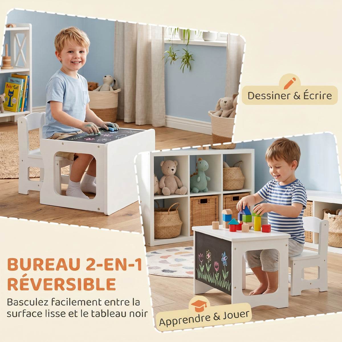 Bureau et Chaise pour Enfant avec Plateau Réversible Tableau Noir, 3 à 6 Ans, Blanc-3
