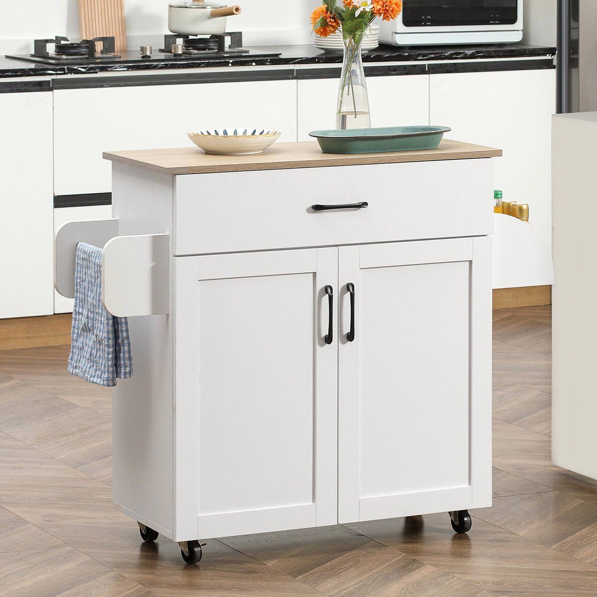 Dessert îlot de cuisine multi-rangements 1 tiroir 1 placard 2 portes avec étagère réglable porte-torchons et porte-épices - bois blanc-1